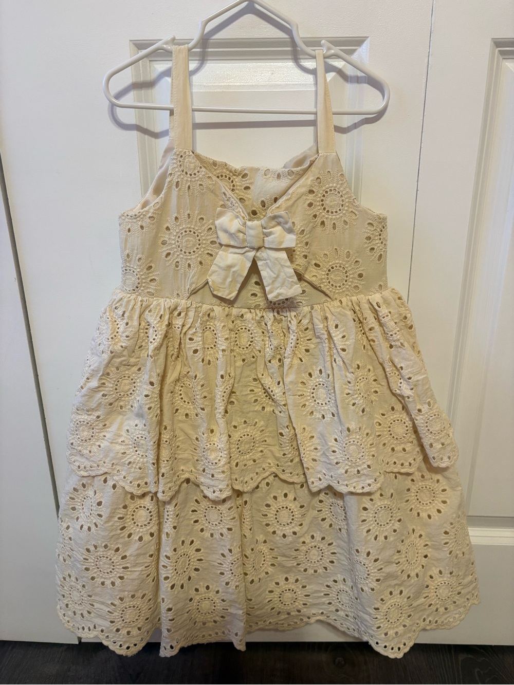 Girls' 6x Eyelet Tiered Dress with Bow - Cream